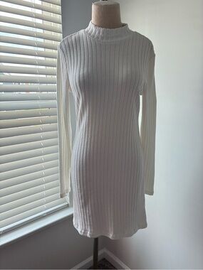 Pink Lily Women's White Ribbed Mock Neck Long Sleeve Mini Sweater Dress